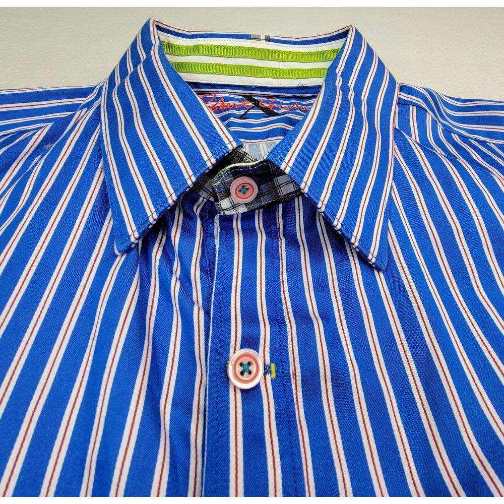 Robert Graham X Brand‎ Shirt Mens XL Tailored Fit Plaid Accents Pin Striped Flip